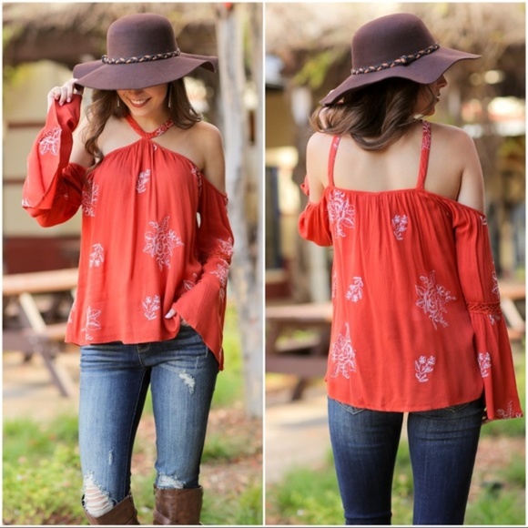 ❤️LAST ONE! BOHO Rust Embroidered Halter Style Top - Picture 4 of 4